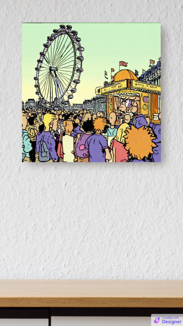 A queue of people lining up for a ferris wheel at Piccadilly Circus in the style of Calvin and Hobbes