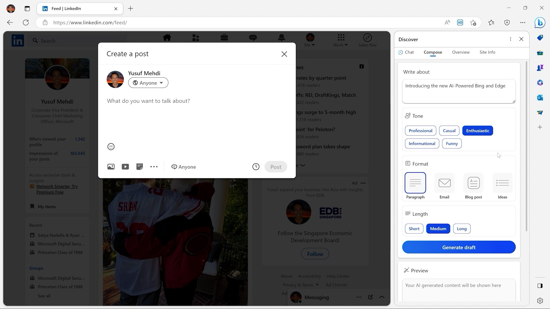 Microsoft's updated Edge browser has new AI capabilities, a new look and two new functionalities: chat and compose. You can also ask Edge to help you compose content, such as a LinkedIn post.